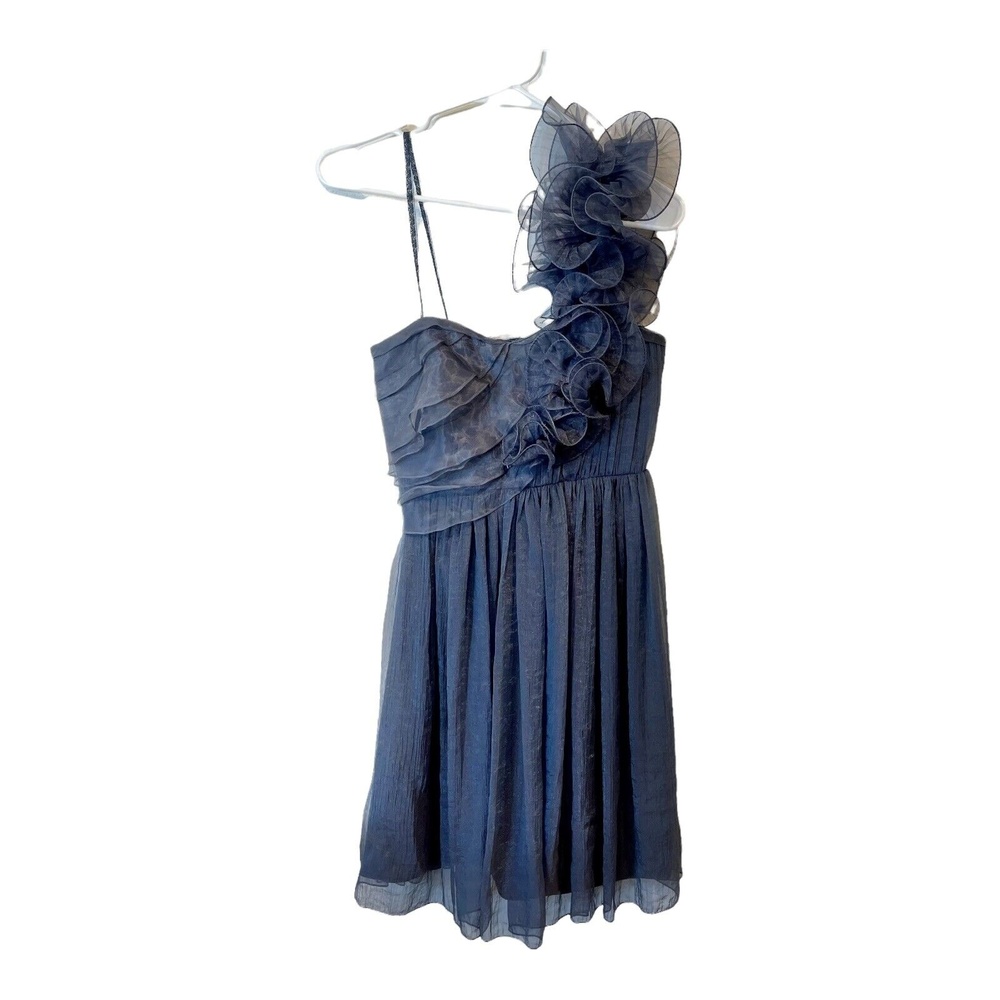 BCBGeneration Navy Organza Ruffle One Shoulder Mini Dress Size 0 Wedding Guest - Picture 2 of 12